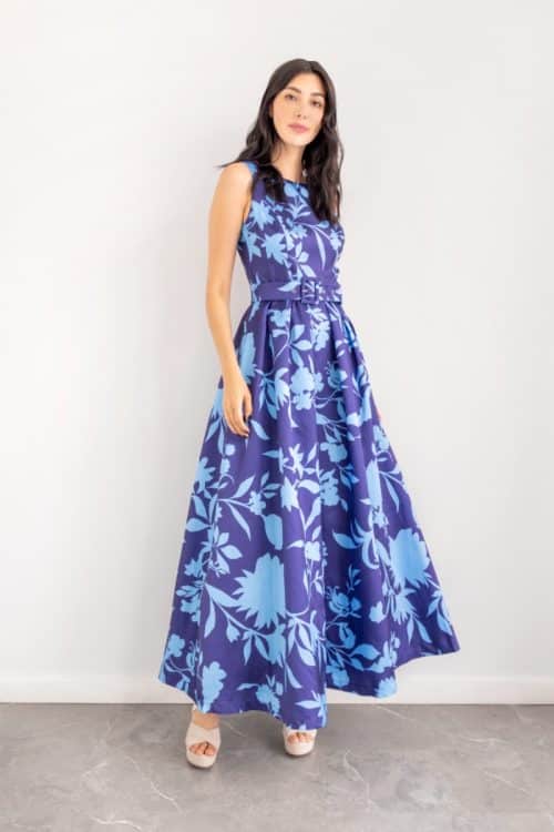 Vestido Falda Amplia Tafetan Flores Azules