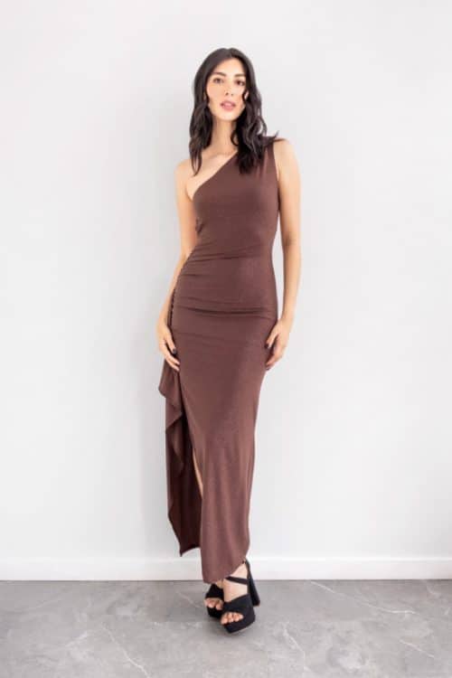 Vestido Asimetrico Bolero Lateral Brillo Café